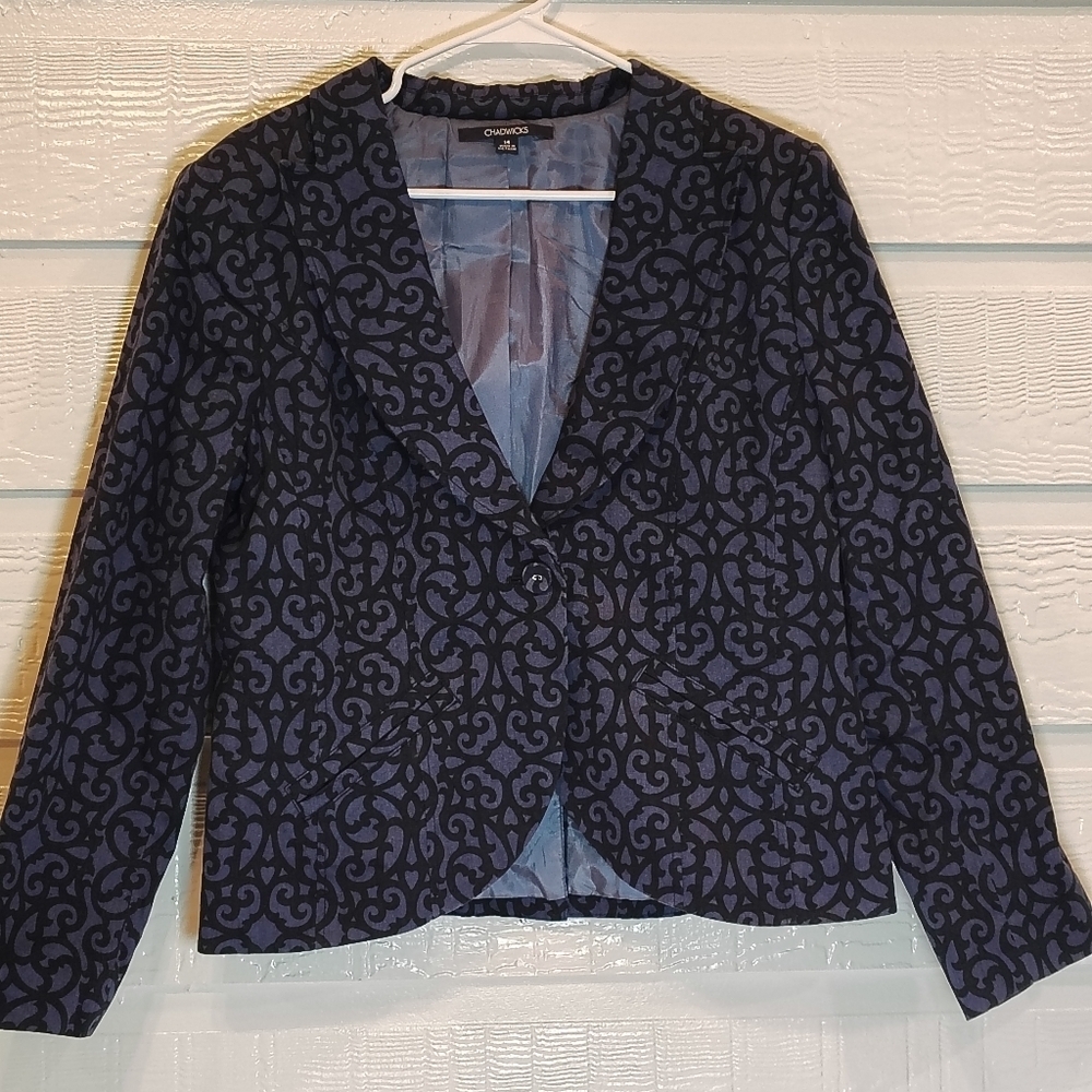 Chadwick's Sz 14 Blue Patterned Blazer Shoulder Pads Career Wear Office